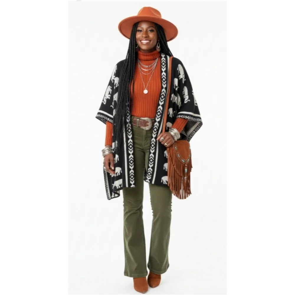 Black & Cream Elephant Pattern Boho Aztec Reversible Knit Sweater Wrap - Picture 16 of 16